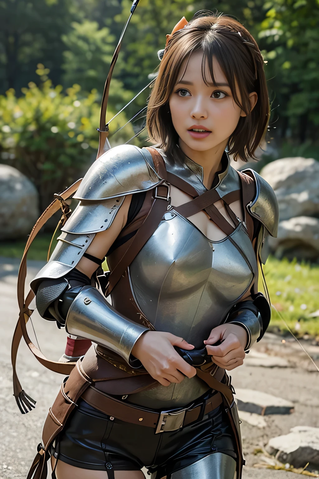 8k,A female adventurer from another world,so beautiful(Like the real thing),((Girl in leather armor:1.4)),((Woman with short brown hair:1.4)),blue eyes,((Woman shooting with a stone crossbow:1.5))、A woman with brown combat trousers,Dagger on hip,Walking in mountainous areas,Perfect Face,Perfect hand shape,charm,Volume measurement,Body balance,超High resolution,super Realistic skin,Digital single-lens reflex camera, Soft lighting, high quality, Highly detailed face, Highly detailed eyes, highly detailed skin, skin, Scattered beneath the surface of the water, Highly detailed face, Highly detailed eyes, Beautiful expression, lip, Detailed Background, Written boundary depth, Small breasts、Volumetric lighting, Sharp focus, Absurd, Realistic proportions, Excellent anatomy, (Realistic, 超Realistic:1.4), 16k hdr, dawn,High resolution,super Realistic skin,super Beautiful expression,Fantasy art,Character Art,Dynamic pose,Compensate,Brown cloak,((Carrying a big bow:1.4)),