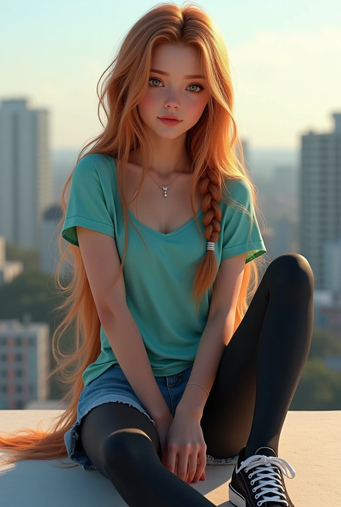 (photorealism:1.2), girl with long brown caramel hair with a braid, long lock to the right. Wearing a soft turquoise shirt, blue short and black legins, and black sneakers, siting on a rooftop, front profile.