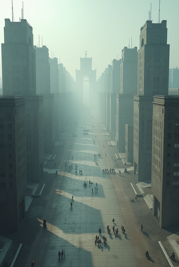 A cold and grey metropolis, with imposing Soviet buildings and a large central square where military parades are held.