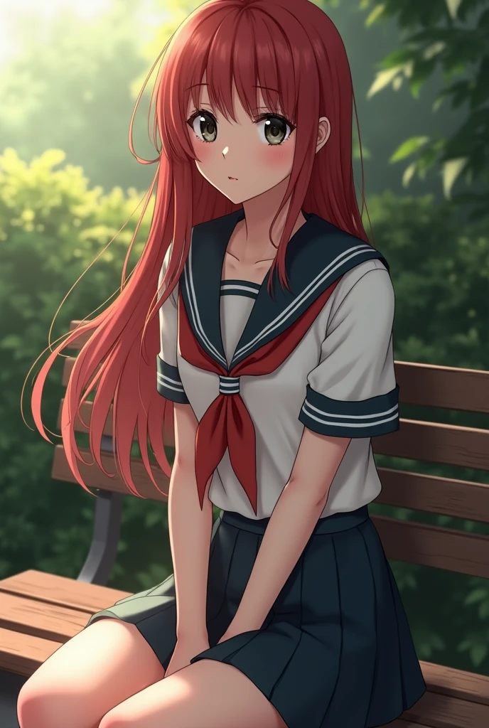 A girl with long, straight red hair,bright black eyes,school uniform,sitting on a bench ,2k ,real