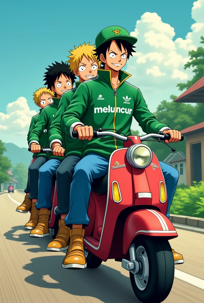 Anime one piece zoro riding a mini moped , Zoro takes all his members on a motorbike , they all wear green jackets , on the front of the Adidas brand jacket there is the writing MELUNCUR on the front of the jacket , wearing long jeans, and wear motorcycle boots, all members are excited to travel