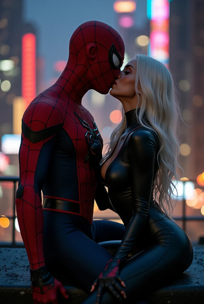 A stunning portrait of Felicia Hardy straddling on top of a muscular Peter Parker in his Spider-Man suit, kissing, French kiss, passionate kiss, she is young and beautiful, her hair is white, she is wearing a black leather body suit unzipped to her belly button, cleavage, sexy, seductive, large breasts, athletic body, narrow waist, wide hips, he is not wearing his mask, Peter Parker’s face, he is grabbing her perfect ass in his hands, her head is thrown back in ecstasy

Location: location is city rooftop at night. Neon lights

Action: she is sitting on top of him, straddling him, he is grabbing her ass passionately, her breasts are pressed against him.
