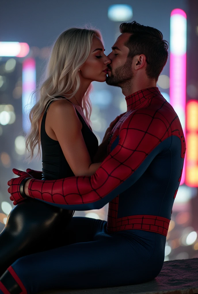 A stunning portrait of Felicia Hardy straddling on top of a muscular Peter Parker in his Spider-Man suit, kissing, French kiss, passionate kiss, she is young and beautiful, her hair is white, she is wearing a black leather body suit unzipped to her belly button, cleavage, sexy, seductive, large breasts, athletic body, narrow waist, wide hips, he is not wearing his mask, Peter Parker’s face, he is grabbing her perfect ass in his hands, her head is thrown back in ecstasy
Location: location is city rooftop at night. Neon lights
Action: she is sitting on top of him, straddling him, he is grabbing her ass passionately, her breasts are pressed against him.