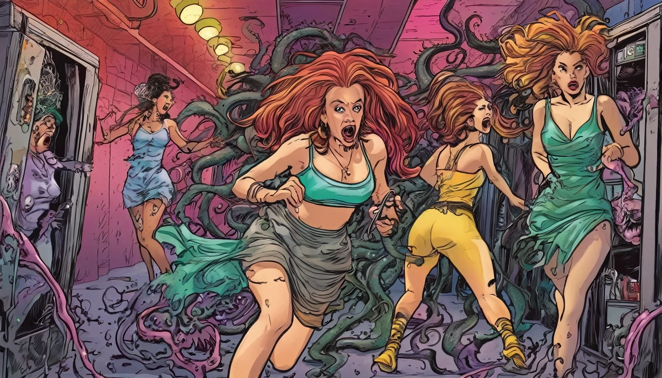 Three gorgeous women (varied height, varied weight, varied race, dressed appropriate to the scene, crazy hairdo, crazy jewelry, tend towards fit and hourglass figure) they are scared and fleeing a steamy women's locker room, being caught by tentacles which forcefully restrain their arms and legs while being absorbed by horror monster 'The Blob', damsel in distress, damsel demise. One woman is live streaming about how scared she is while holding her cell phone