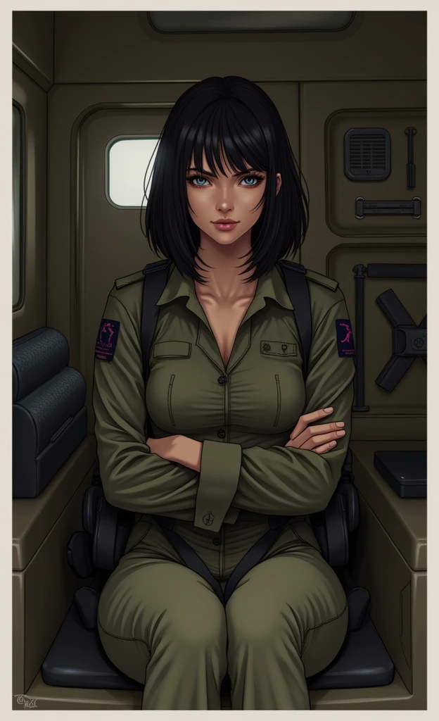 Black haired woman sitting in a military vehicle
