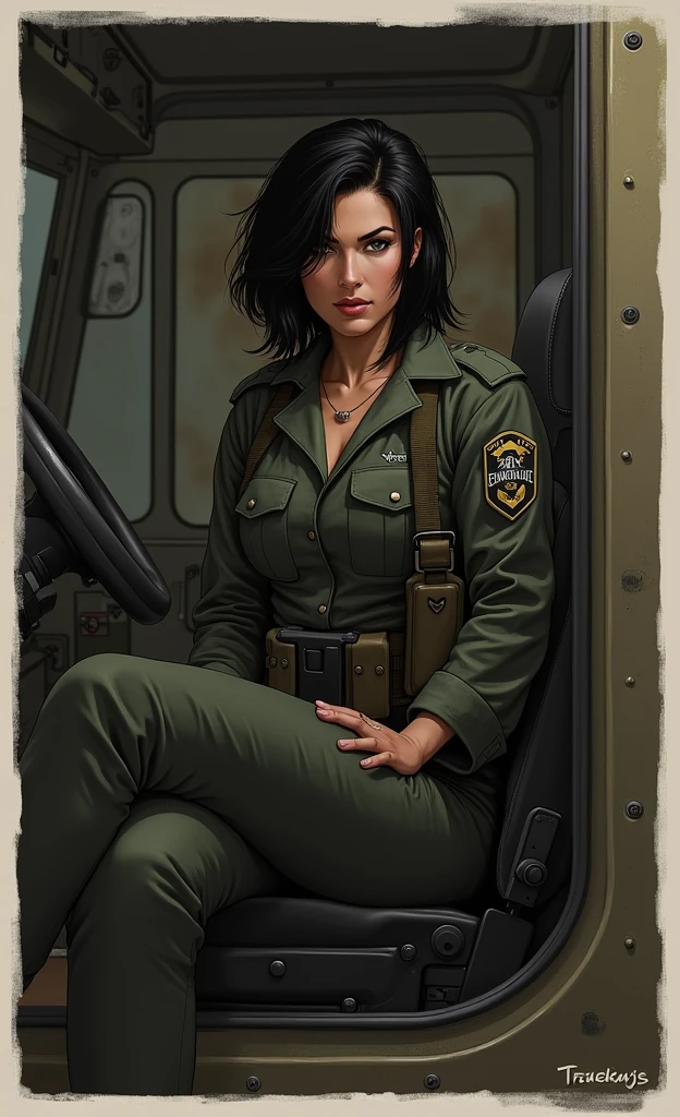Black haired woman sitting in a military vehicle