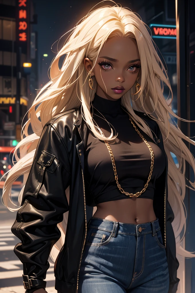 a beautiful black woman with dreadlocks, blonde hair, wearing a black jacket and jeans, with dark lipstick and light makeup, dynamic pose, hyperrealistic, 8k, award-winning digital art, cinematic lighting, moody atmosphere, colorful, vibrant