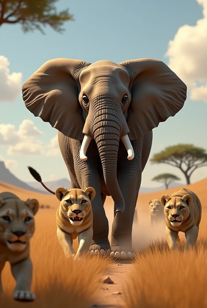 In3d animation a young elephant very scare to lions
Tara trumpeting loudly, her massive body between Mali and the lions. She stomps her feet and swings her trunk, standing tall and strong to defend her daughter against the approaching danger.