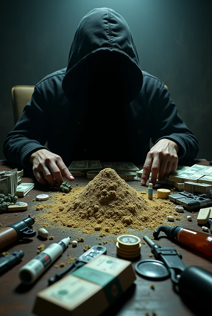 Drugs,heroin,extasy,hashish,mariuhna,lsd,oxycodon,ketamine,Weapons,Simple,criminal,table,lots of cash