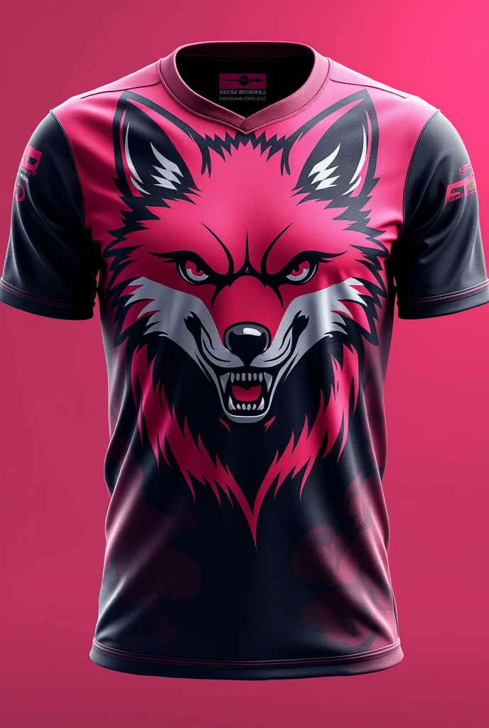 Create a sports shirt template, like the team ones. The colors should be pink and black, The team mascot is a fox that shows aggressiveness and competitiveness. Add elements as rays, eyeshadows, light and etc to make the shirt more eye-catching. Use Corinthians shirts as a reference 
