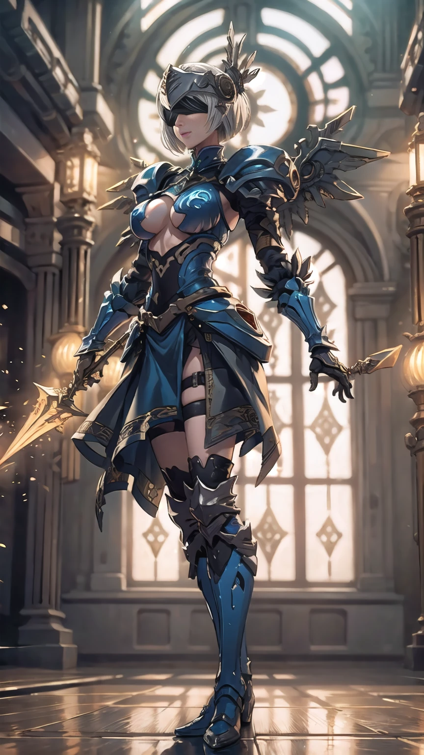 Make a 'kitbash' of Lenneth from 'Valkyrie profile' and 2B from 'Nier: Automata', combine 2B and Lenneth, solo, 1girl, BREAK: ((bright sapphire blue plate mech4rmor)), (boob window:1.27), (blue helmet blindfold:1.32), thigh cutout, long skirt, wings, BREAK: standing contrapposto, holding glowing spear, light smile, BREAK: plains, dungeon, BREAK: (better hands, best hands), (insanely detailed, masterpiece, best quality), strong_negative, yxwqsj