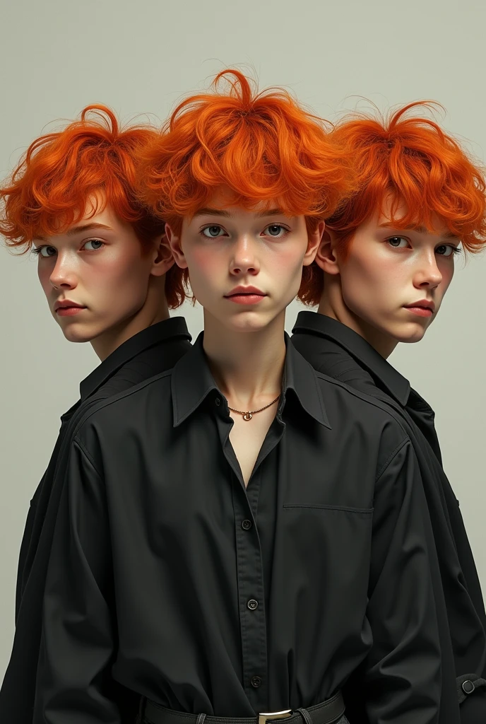 A pair of 3 twin brothers have dark orange hair