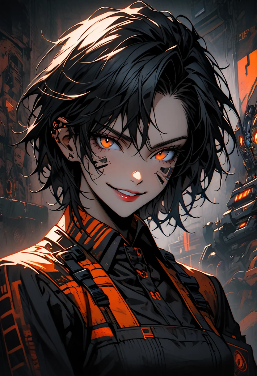 female focus, short messy black hair, amber eyes, cybernetic arms, athletic build, 5'9, grungy bar, futuristic, smirk, punky, mature, bartender, close up, spot lightening