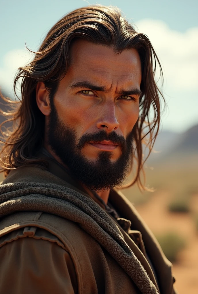 "1 beardless man with long brown hair, piercing brown eyes, defined jaw and striking features in the old west style."(without a hat and without a beard)