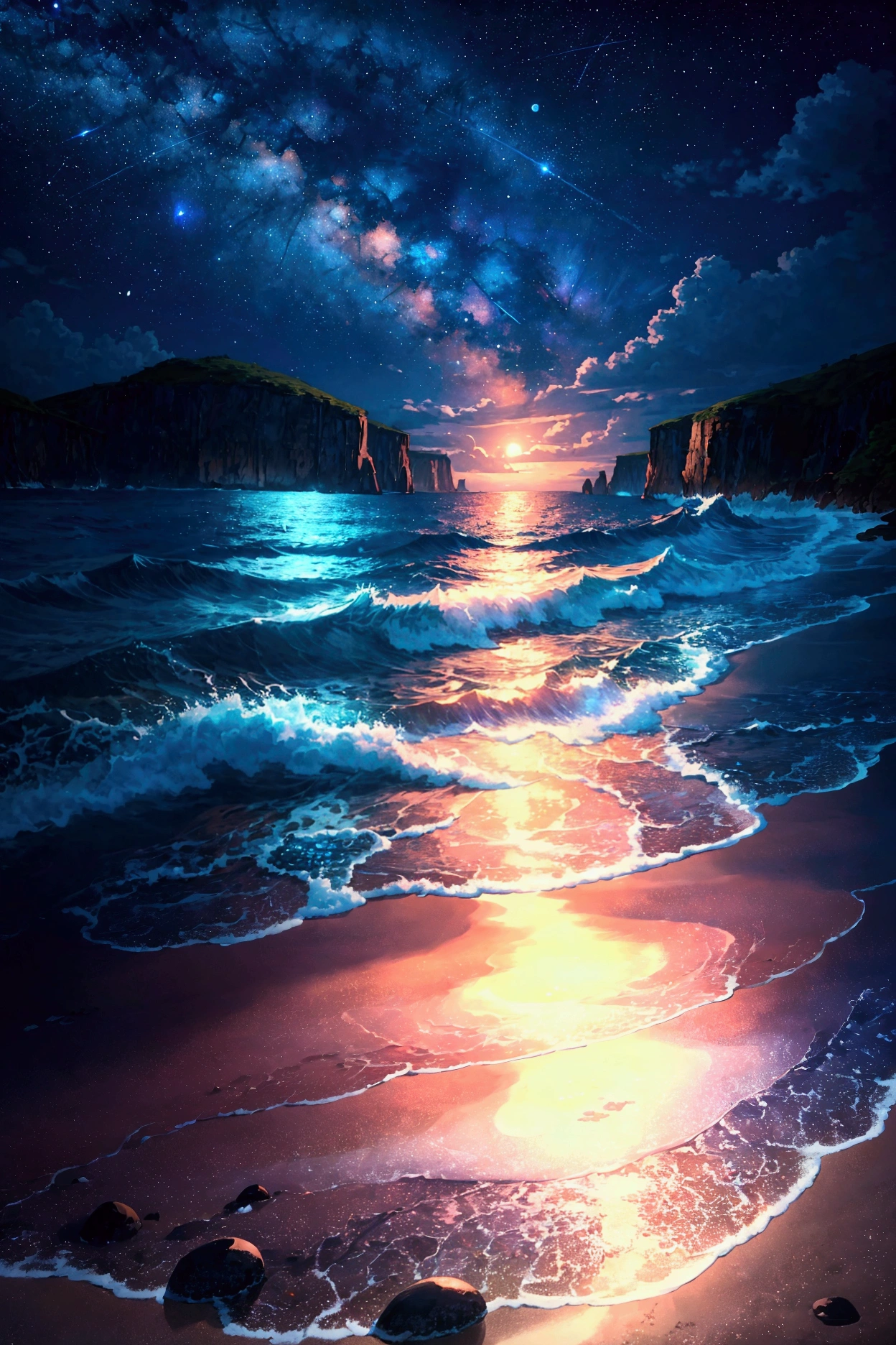 "A mesmerizing ultra-high-definition 4K anime-style digital painting showcasing a tranquil beach under a breathtaking starry night sky. The scene is bathed in the soft glow of moonlight, which reflects off the calm, crystal-clear waters lapping gently against the shore. The sand is a soft, pale hue, with delicate waves creating a subtle pattern as they meet the land. Above, the sky is a deep, velvety blue, filled with countless twinkling stars that seem to stretch infinitely into the cosmos. A few wisps of clouds drift lazily, partially obscuring a glowing crescent moon. In the distance, the ocean fades into the horizon, where the sky meets the water in a seamless blend of night’s colors. The beach is dotted with smooth, polished stones and tiny seashells that catch the light, adding a touch of magic to the serene scene. The overall atmosphere is peaceful and dreamlike, capturing the serene beauty of a quiet night by the sea, where the vastness of the universe feels close enough to touch."