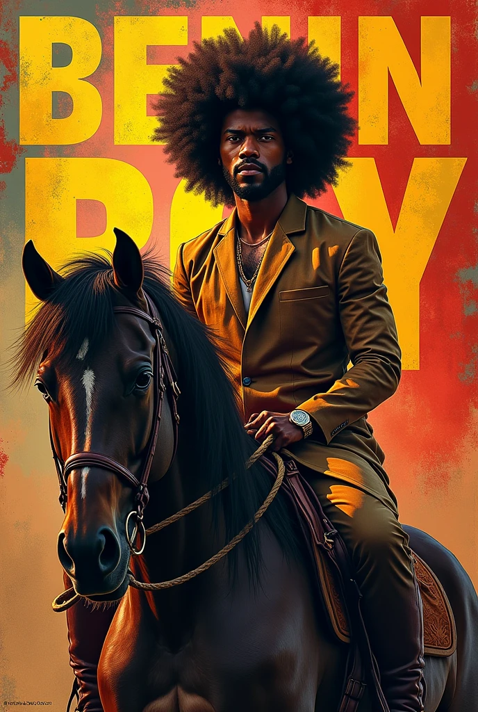 Afro male on a horse with the word Benin Boy written on the background