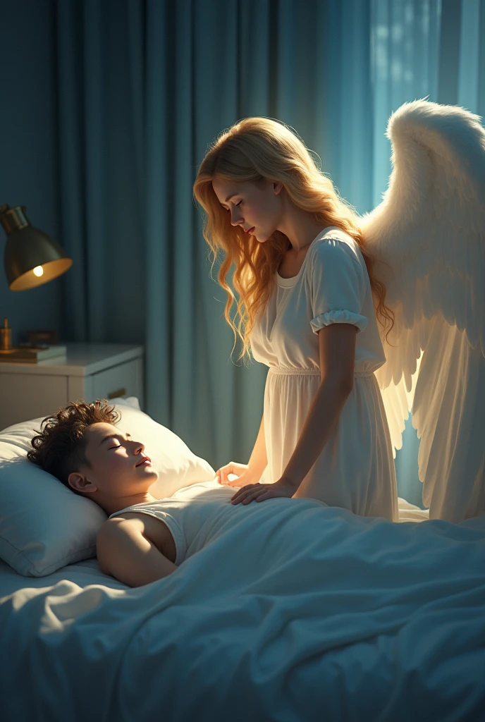 "A serene image of a guardian angel watching over a sleeping adult. The angel is depicted with gentle, flowing wings, standing beside the bed where the adult rests peacefully. The angel has a calm, loving expression, with a soft glow surrounding them, illuminating the room with a warm, comforting light. The adult, dressed in simple sleepwear, lies peacefully under a cozy blanket, with a relaxed and tranquil expression. The scene is set in a quiet, dimly lit room, with the angel's presence providing a sense of protection and peace, ensuring the adult's restful sleep."