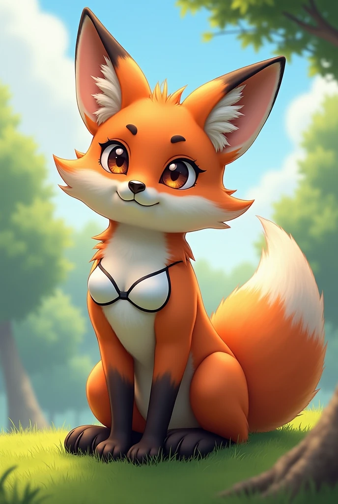 (masterpiece), expressive eyes, perfect face, correct anatomy, (furry:1.2), (fluffy:1.1), (anthro:1.2), (snout:1.2), very long hair, (gynomorph:1.4), fox ears, two-tone fur, body fur, closed eyes, fox tail, white bra, black panties, mischievous, sky, tree, grass, hands down