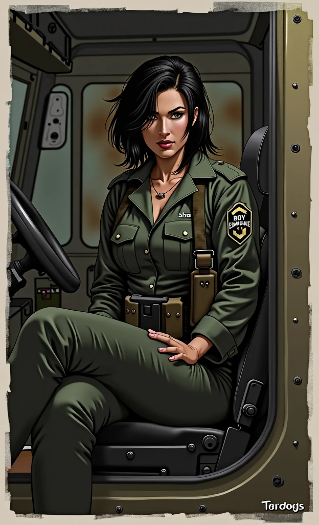 Black haired woman sitting in a military vehicle