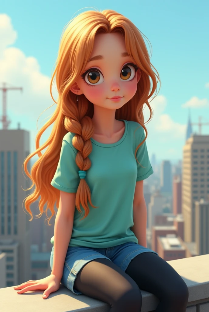 (photorealism:1.2), teen girl with long brown caramel hair with a braid, long lock to the right. Wearing a soft turquoise shirt, blue short and black legins, and black sneakers, siting on a rooftop, front profile, cartoon looking