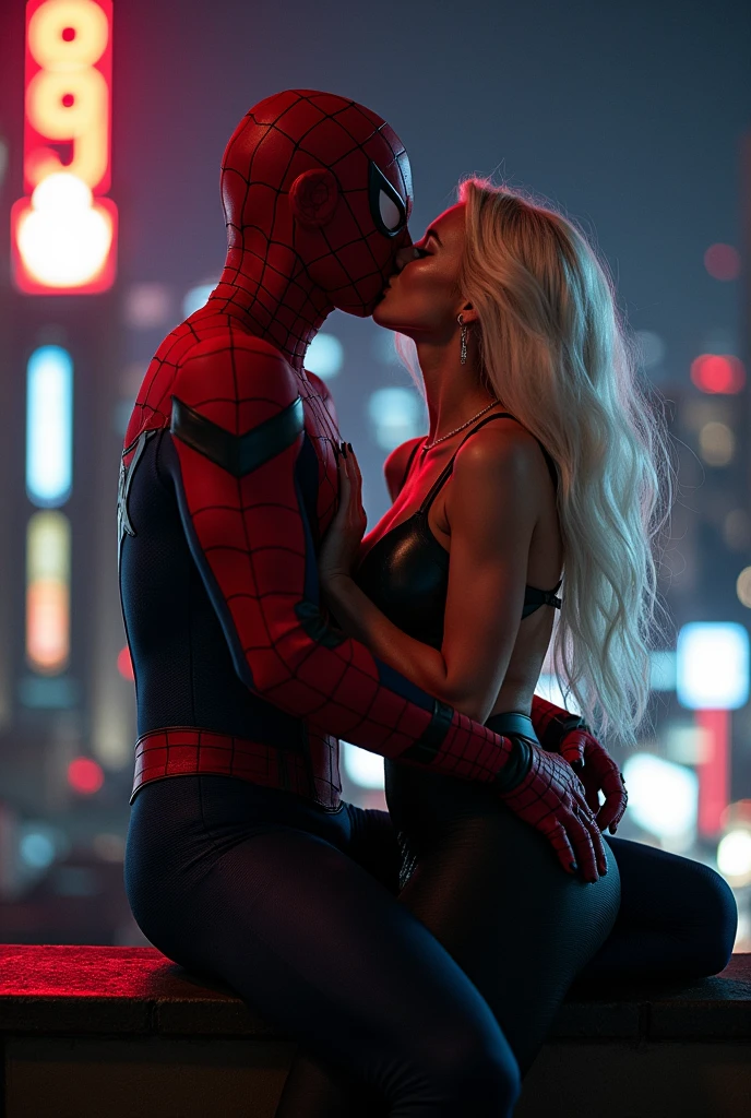 A stunning portrait of Felicia Hardy straddling on top of a muscular Peter Parker in his Spider-Man suit, kissing, French kiss, passionate kiss, she is young and beautiful, her hair is white, she is wearing a black leather body suit unzipped to her belly button, cleavage, sexy, seductive, large breasts, athletic body, narrow waist, wide hips, he is not wearing his mask, Peter Parker’s face, he is grabbing her perfect ass in his hands, her head is thrown back in ecstasy

Location: location is city rooftop at night. Neon lights

Action: she is sitting on top of him, straddling him, he is grabbing her ass passionately, her breasts are pressed against him.