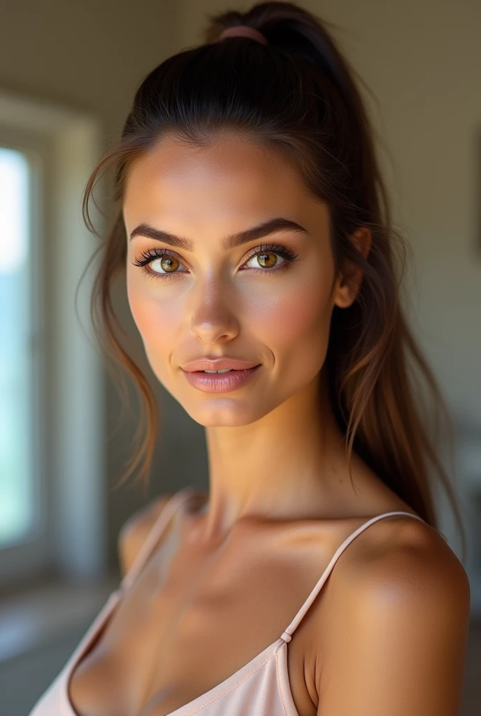 A very realistic and detailed photo of beautiful italian woman, summer skirt , perfect makeup, long straight ponytail, brown hair, high quality photo 4k, very detailed, perfect fit, looking at the camera, detailed realistic face, detailed brown eyes, confident,