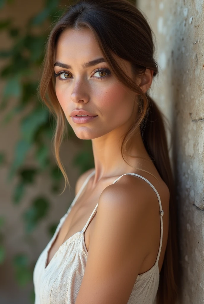 A very realistic and detailed photo of beautiful italian woman, summer skirt , perfect makeup, long straight ponytail, brown hair, high quality photo 4k, very detailed, perfect fit, looking at the camera, detailed realistic face, detailed brown eyes, confident,