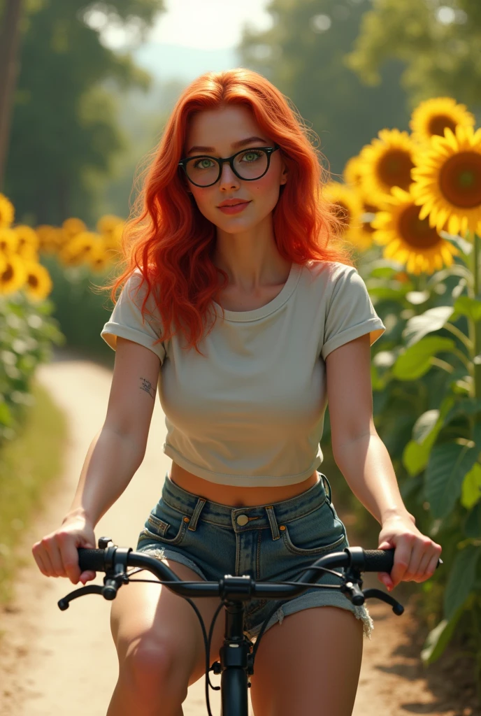 Une femme influenceuse rousse aux yeux vert avec un air innocent, des lèvres pulpeuses. avec des taches de rousseurs sur les joues. Poitrine moyenne. fesses bombées. Porte des lunettes. Porte un tee shift moulant  Sur un vélo se promenant dans un chemin entouré de champ de tournesols. Ultra réaliste 