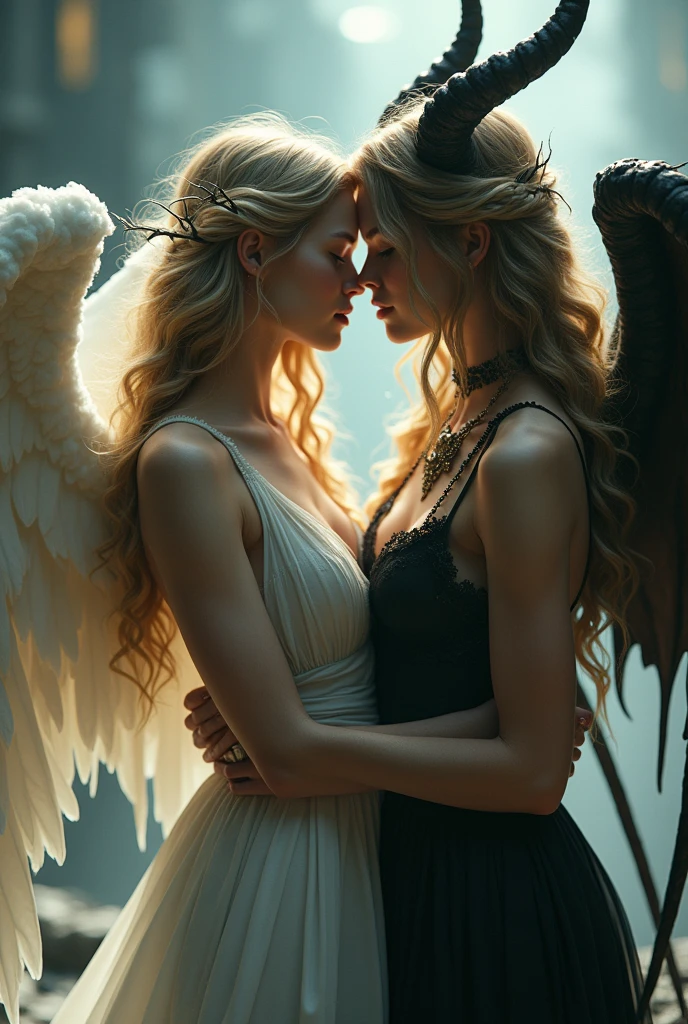a beautiful angelic woman and a demonic woman, 2 girls embracing, looking directly at the viewer, (best quality,4k,8k,highres,masterpiece:1.2),ultra-detailed,(realistic,photorealistic,photo-realistic:1.37),HDR,UHD,studio lighting,ultra-fine painting,sharp focus,physically-based rendering,extreme detail description,professional,vivid colors,bokeh,fantasy,dramatic lighting,ethereal,mystical,seraphic,elegant,gorgeous,intricate details,chiaroscuro,cinematic composition