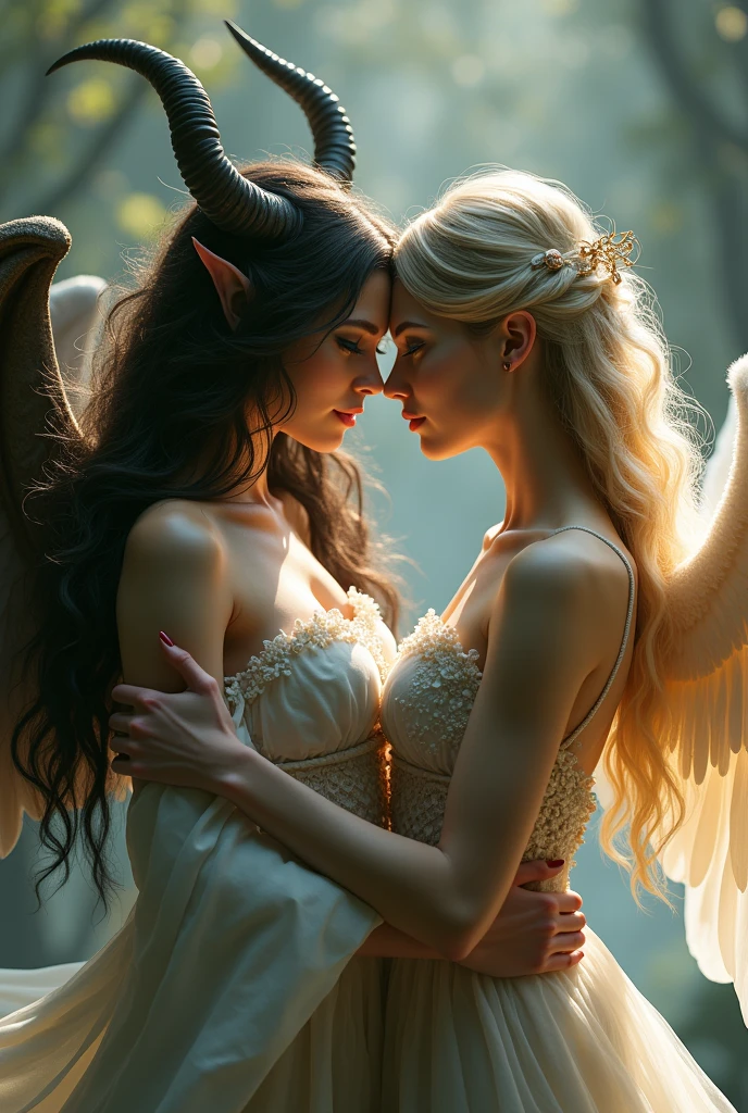 a beautiful angelic woman and a demonic woman, 2 girls embracing, looking directly at the viewer, (best quality,4k,8k,highres,masterpiece:1.2),ultra-detailed,(realistic,photorealistic,photo-realistic:1.37),HDR,UHD,studio lighting,ultra-fine painting,sharp focus,physically-based rendering,extreme detail description,professional,vivid colors,bokeh,fantasy,dramatic lighting,ethereal,mystical,seraphic,elegant,gorgeous,intricate details,chiaroscuro,cinematic composition