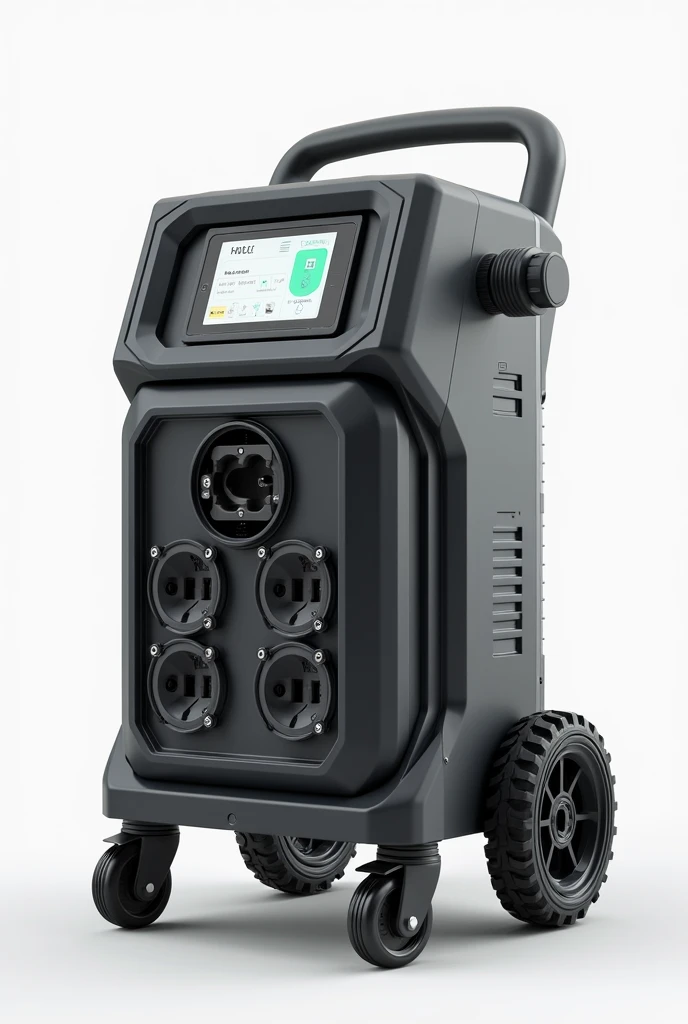 It has a control screen on the front, 4 230V socket inputs, 4 USB ports, 3 Type-C inputs and is 60cm high. width 35cm. width 56cm. Power station with 4 wheels