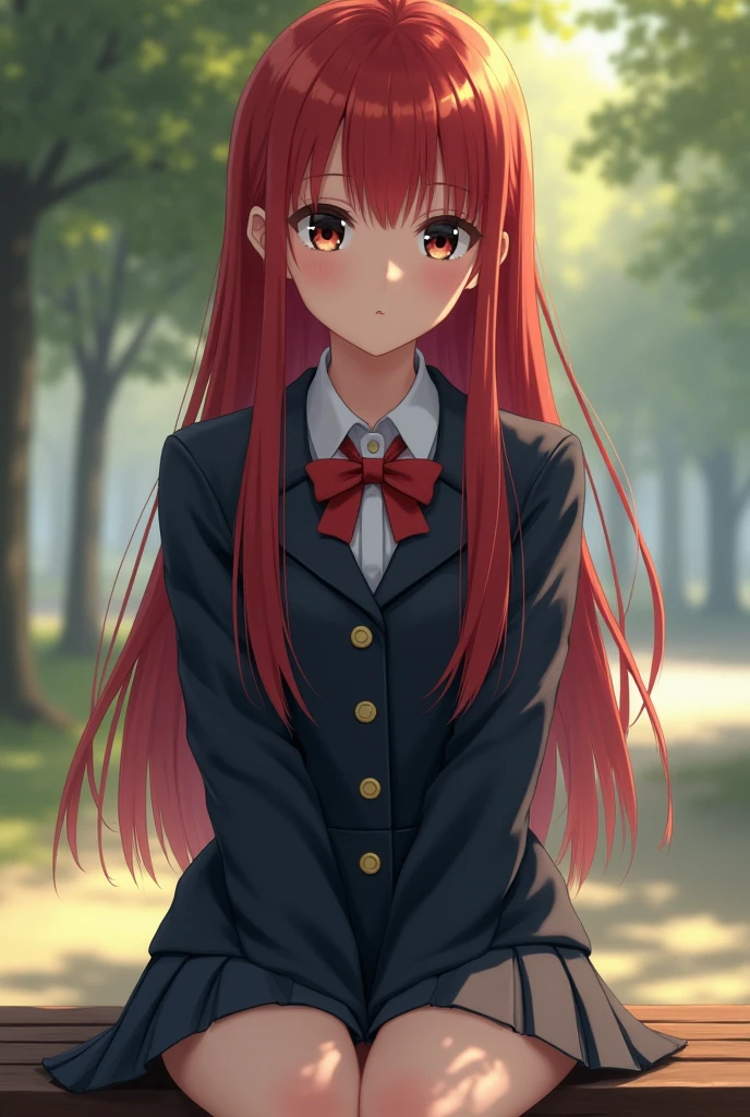 A girl with long, straight red hair,bright black eyes,school uniform,sitting on a bench , 2k, in real life