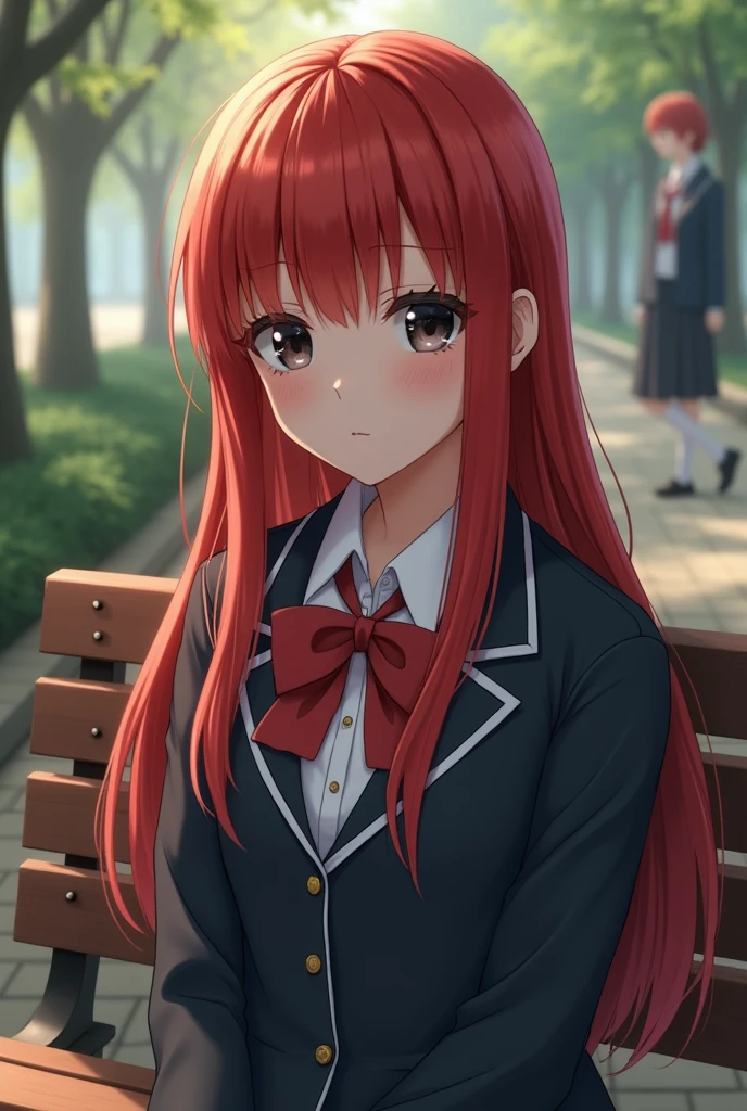 A girl with long, straight red hair,bright black eyes,school uniform,sitting on a bench , 2k, in real life