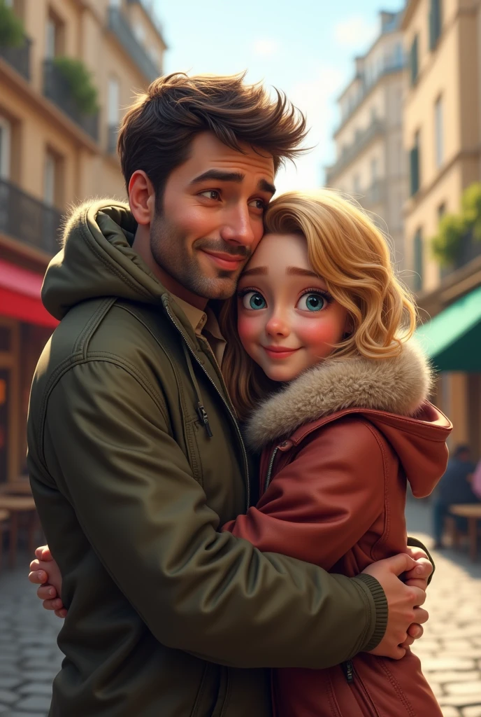 Blonde girl blue eyes hugging her father dark brown hair and brown eyes on the streets of Paris 8k ultrarealistic photorealistic