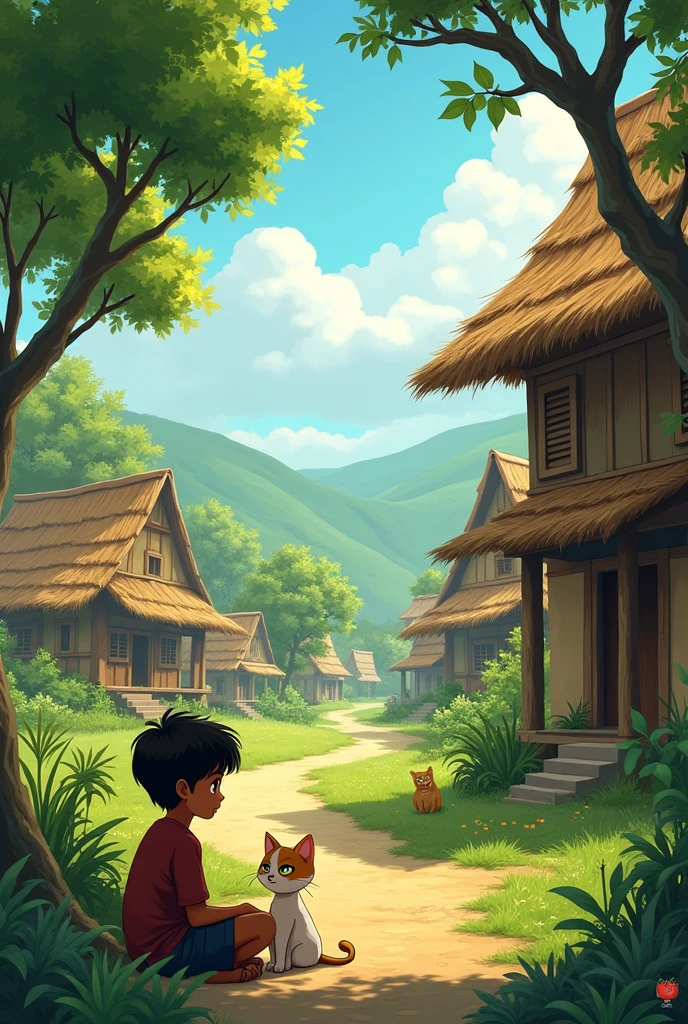A peaceful small village with traditional houses, surrounded by greenery and trees. In the foreground, a curious boy named Rehan is seen with a playful cat named Meena by his side.