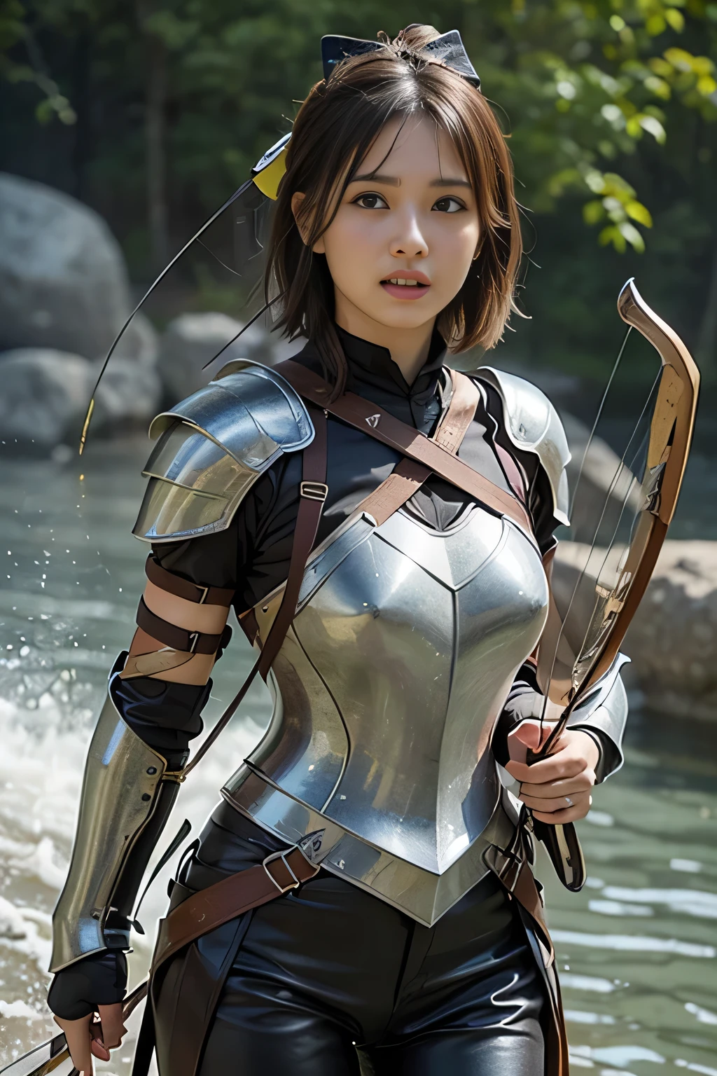 8k,A female adventurer from another world,so beautiful(Like the real thing),((Girl in leather armor:1.4)),((Woman with short brown hair:1.4)),blue eyes,((Woman shooting with a stone crossbow:1.5))、A woman with brown combat trousers,Dagger on hip,Walking in mountainous areas,Perfect Face,Perfect hand shape,charm,Volume measurement,Body balance,超High resolution,super Realistic skin,Digital single-lens reflex camera, Soft lighting, high quality, Highly detailed face, Highly detailed eyes, highly detailed skin, skin, Scattered beneath the surface of the water, Highly detailed face, Highly detailed eyes, Beautiful expression, lip, Detailed Background, Written boundary depth, Small breasts、Volumetric lighting, Sharp focus, Absurd, Realistic proportions, Excellent anatomy, (Realistic, 超Realistic:1.4), 16k hdr, dawn,High resolution,super Realistic skin,super Beautiful expression,Fantasy art,Character Art,Dynamic pose,Compensate,Brown cloak,((Carrying a big bow:1.4)),