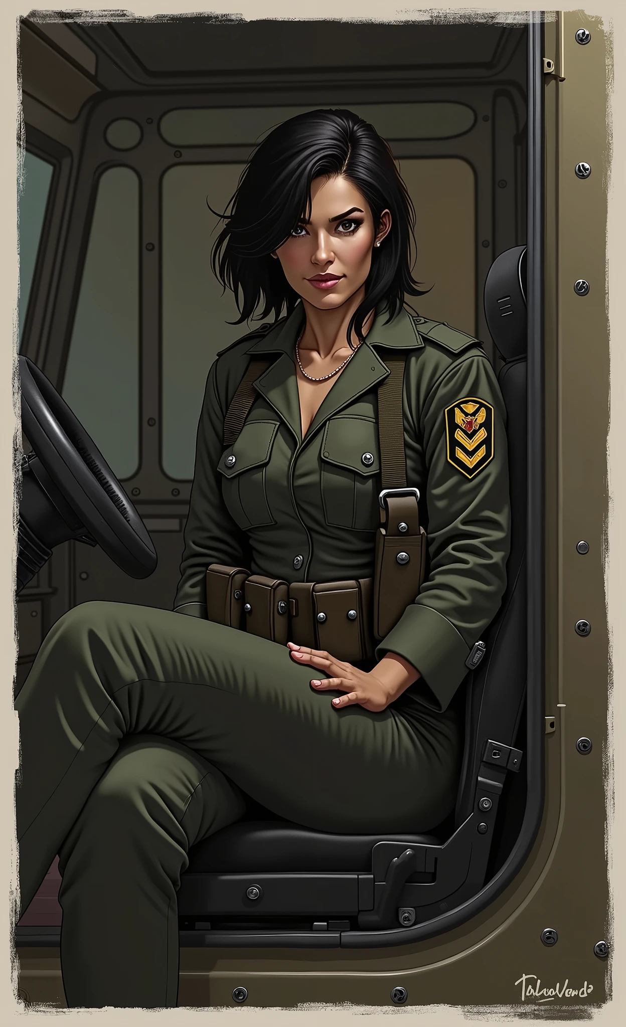 Black haired woman sitting in a military vehicle