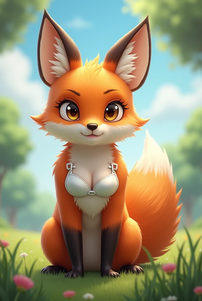 (masterpiece), expressive eyes, perfect face, correct anatomy, (furry:1.2), (fluffy:1.1), (anthro:1.2), (snout:1.2), very long hair, (gynomorph:1.4), fox ears, two-tone fur, body fur, closed eyes, fox tail, white bra, black panties, mischievous, sky, tree, grass, hands down