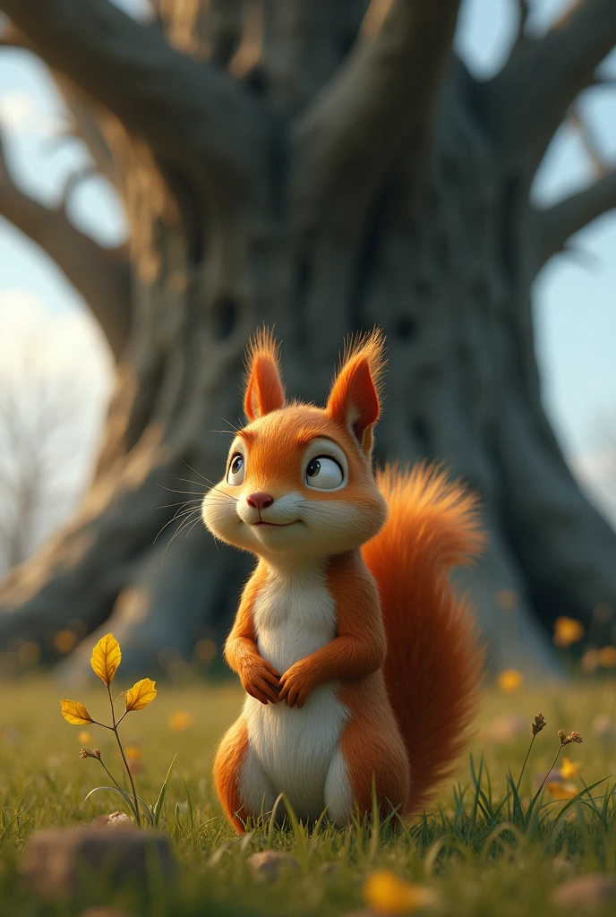 An orange male squirrel shedding tears while looking at a large withered tree with a branch and 3 yellow leaves ,standing on the grass