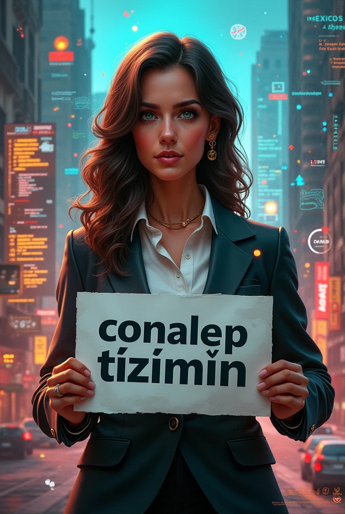 a detailed portrait of Claudia Sheinbaum Pardo holding a sign that says "Conalep Tizimín" with a background of Python and JavaScript programming themes, highly detailed, photorealistic, cinematic lighting, dramatic composition, digital art
