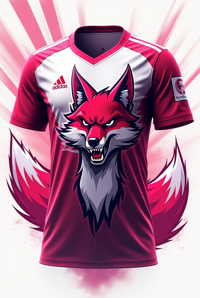 Create a sports shirt template, like the team ones. The colors should be pink and white, The team mascot is a fox that shows aggressiveness and competitiveness, can be placed on the shirt as a coat of arms. Add elements as rays, eyeshadows, light and etc to make the shirt more eye-catching. Use Corinthians shirts as a reference 
