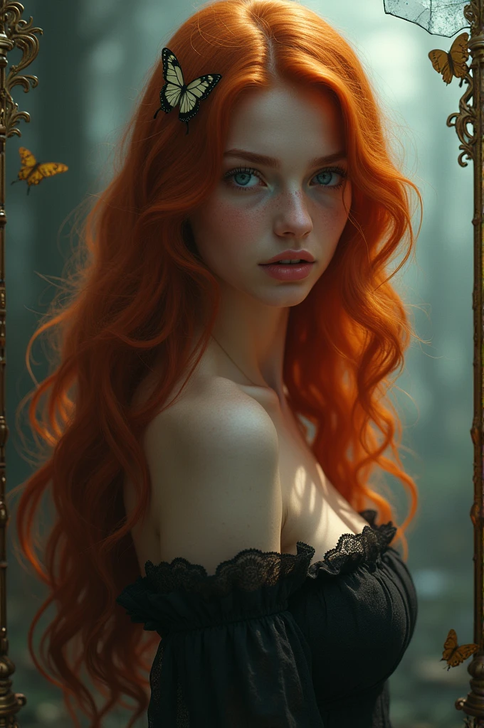 (solo, full body photo:1.3), (action packed:1.3), (haze, fog, mist:1.3), chiaroscuro, best quality, photorealistic, 1woman, (cute), (24yo:1.2), redhead, long ginger hair highly detailed, 1700'S, digital photography, art by artgerm and ruan jia and greg rutkowski surreal painting gold butterfly filigree, broken glass, (masterpiece, sidelighting, finely detailed Fashionable eyes: 1.2) (perfect oval large eyes that gazes at the viewer), beautiful detailed face, blue gorgeous perfect eyes, (blonde hair ponytail), (attractive young woman:1.3), (thick amazing hair), (seductive:1.1), (blushing:1.1)