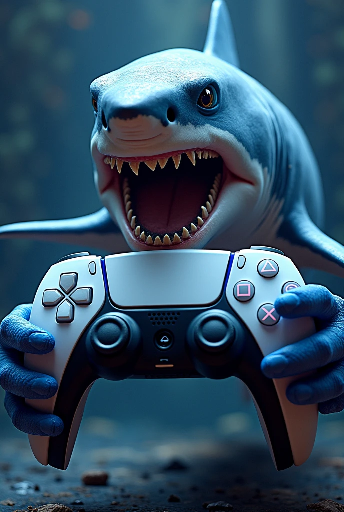 A shark with sharp teeth and intensely focused eyes, holding the PS5 controller with his fins. Art can have vibrant colors, como azul, black andwhite, to give a futuristic effect.