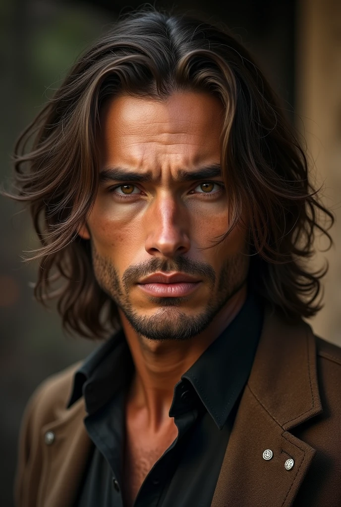 "Young man with beard and long brown hair, piercing brown eyes, defined jaw and striking features in the old west style."(without a hat and without a beard)