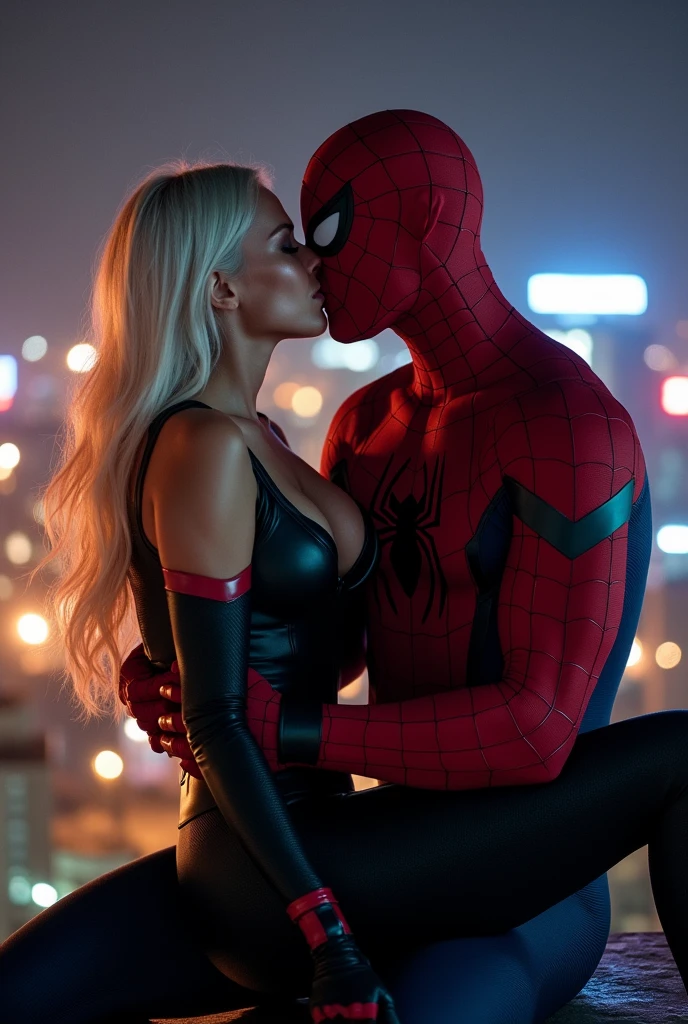 A stunning portrait of Felicia Hardy straddling on top of a muscular Peter Parker in his Spider-Man suit, kissing, French kiss, passionate kiss, she is young and beautiful, her hair is white, she is wearing a black leather body suit unzipped to her belly button, cleavage, sexy, seductive, large breasts, athletic body, narrow waist, wide hips, he is not wearing his mask, Peter Parker’s face
Location: location is city rooftop at night. Neon lights
Action: she is sitting on top of him, straddling him, he is grabbing her ass passionately, her breasts are pressed against him.