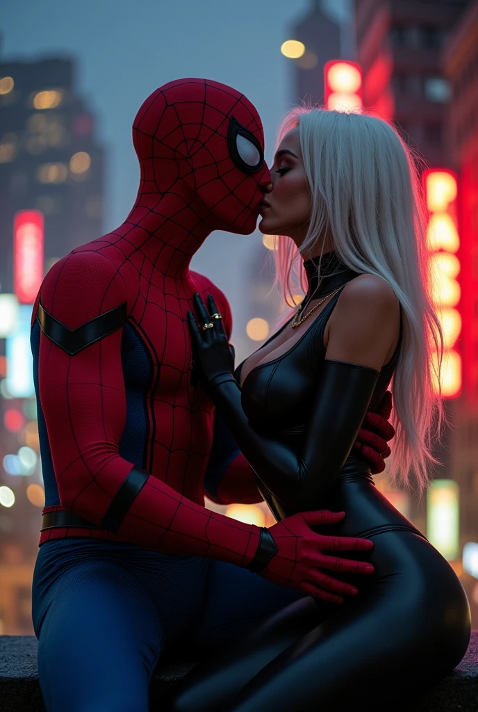 A stunning portrait of Felicia Hardy grinding her ass into a muscular Peter Parker in his Spider-Man suit, kissing, French kiss, passionate kiss, she is young and beautiful, her hair is white, she is wearing a black leather body suit unzipped to her belly button, cleavage, sexy, seductive, large breasts, athletic body, narrow waist, wide hips, he is not wearing his mask, Peter Parker’s face, he is grabbing her perfect ass in his hands, her head is thrown back in ecstasy

Location: location is city rooftop at night. Neon lights

Action: she is sitting on top of him, straddling him, he is grabbing her ass passionately, her breasts are pressed against him.