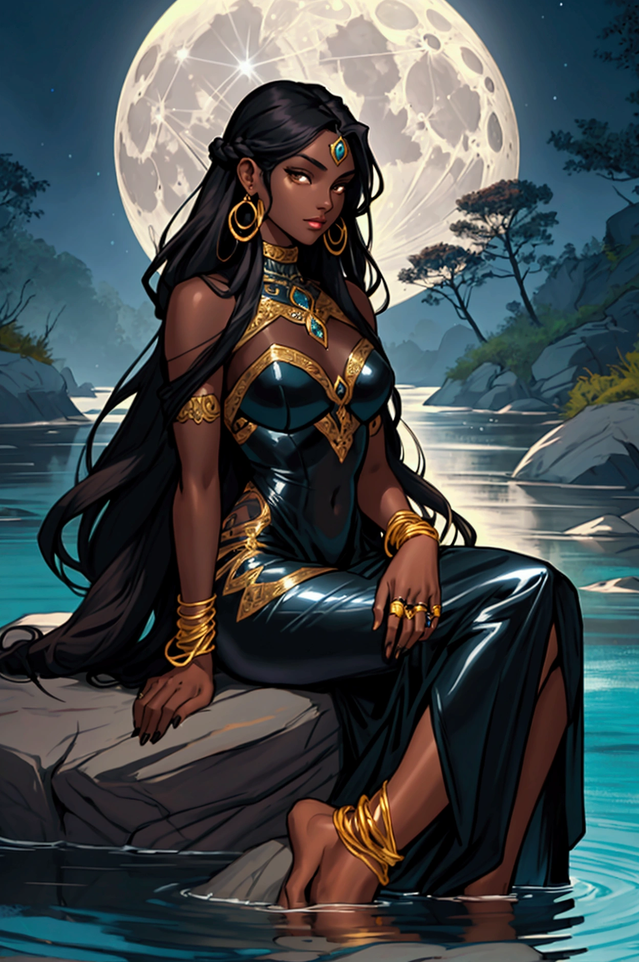 A bipedal, dark-skinned mermaid of enchanting beauty, long hair as black as night and brown eyes, wrapped in almost transparent satin clothes with bracelets, Golden Earrings & Rings, sitting on a rock in the middle of a river in the light of the moon, kind of dark academia style, DC Comics style art designer