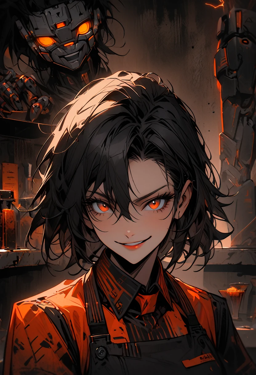 female focus, short messy black hair, amber eyes, cybernetic arms, athletic build, grungy, bar, futuristic, smirk, punky, mature, bartender, close up, spot lightening, preparing drinks,