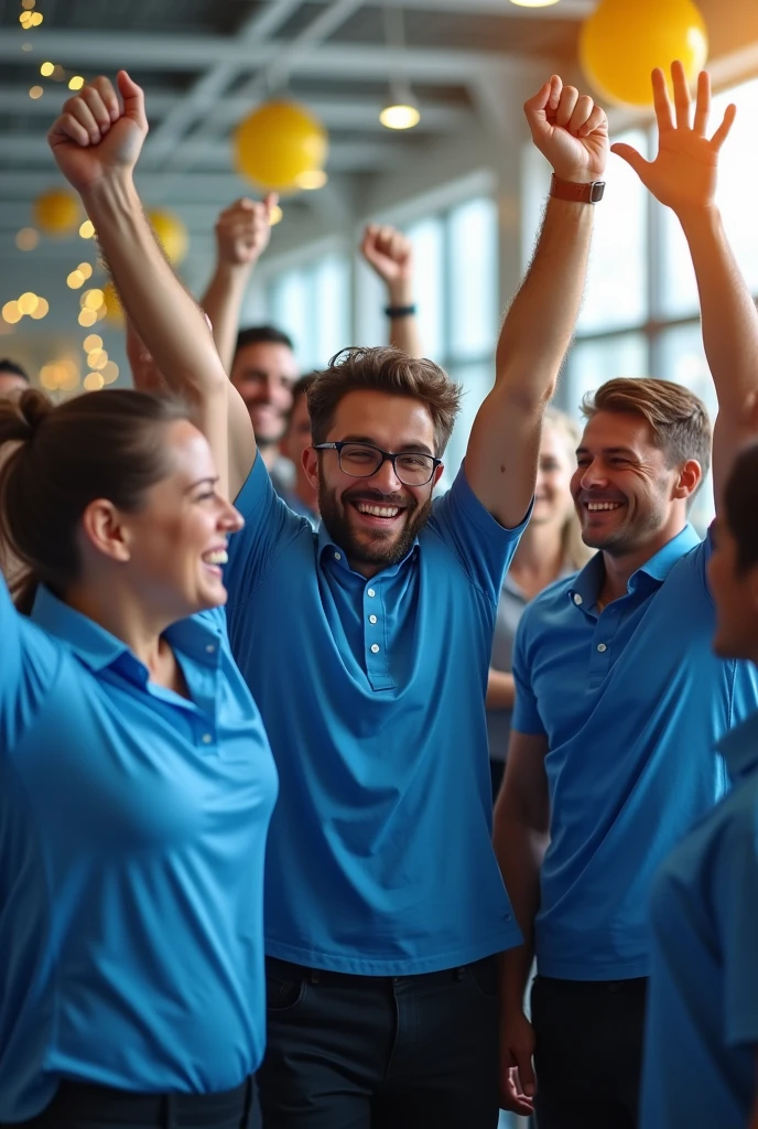 A group of happy sales consultants celebrating at their company, Everyone wears blue shirts.
