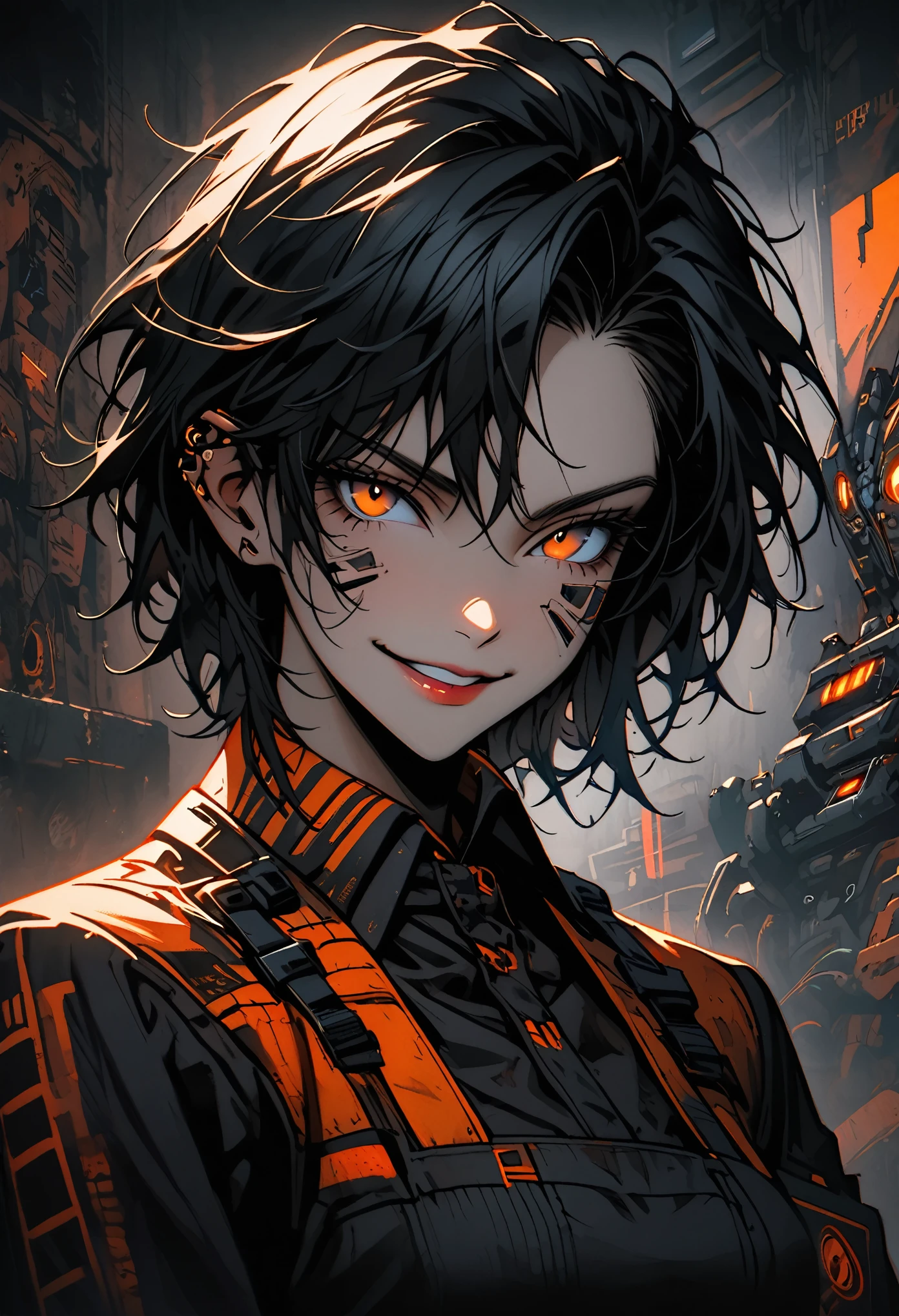 female focus, short messy black hair, amber eyes, cybernetic arms, athletic build, 5'9, grungy bar, futuristic, smirk, punky, mature, bartender, close up, spot lightening